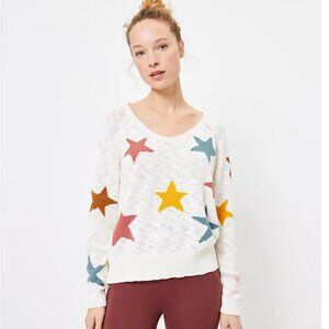 Lou & Grey V- Neck Cream Sweater with Multi Colored Stars